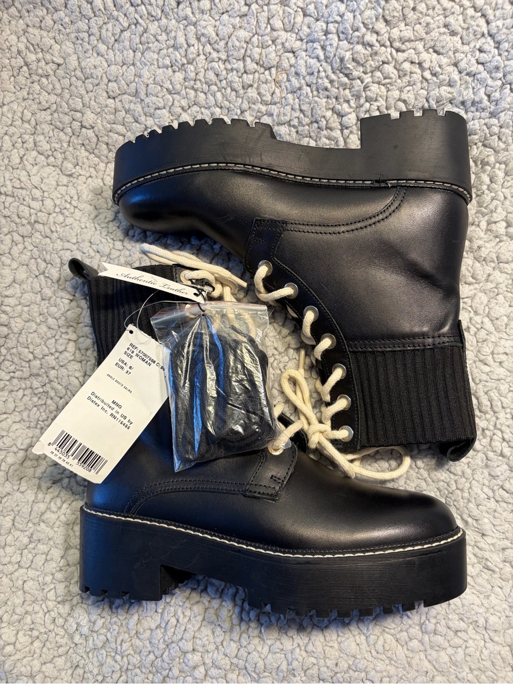 Mango Salma Chunky Lace-Up Leather Combat Boots Black Ribbed Knit Sock Trim NWT.